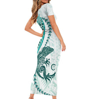 Teal Maori Tuatara Short Sleeve Bodycon Dress Luxury Pastel Pattern LT01 - Polynesian Pride