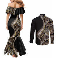 Hawaii Pineapple Brown Tribal Pattern Couples Matching Mermaid Dress and Long Sleeve Button Shirt - Polynesian Pride