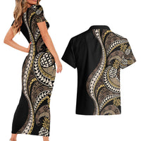 Hawaii Pineapple Brown Tribal Pattern Couples Matching Short Sleeve Bodycon Dress and Hawaiian Shirt - Polynesian Pride