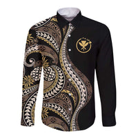 Hawaii Pineapple Brown Tribal Pattern Long Sleeve Button Shirt - Polynesian Pride