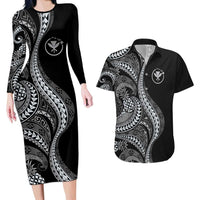 Hawaii Pineapple Gray Scale Tribal Pattern Couples Matching Long Sleeve Bodycon Dress and Hawaiian Shirt - Polynesian Pride