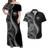Hawaii Pineapple Gray Scale Tribal Pattern Couples Matching Off Shoulder Maxi Dress and Hawaiian Shirt - Polynesian Pride