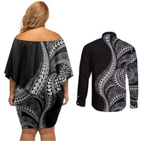 Hawaii Pineapple Gray Scale Tribal Pattern Couples Matching Off Shoulder Short Dress and Long Sleeve Button Shirt - Polynesian Pride