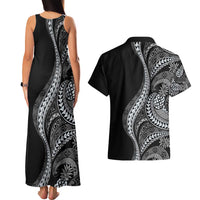 Hawaii Pineapple Gray Scale Tribal Pattern Couples Matching Tank Maxi Dress and Hawaiian Shirt - Polynesian Pride