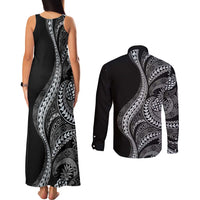 Hawaii Pineapple Gray Scale Tribal Pattern Couples Matching Tank Maxi Dress and Long Sleeve Button Shirt - Polynesian Pride