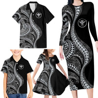 Hawaii Pineapple Gray Scale Tribal Pattern Family Matching Long Sleeve Bodycon Dress and Hawaiian Shirt - Polynesian Pride