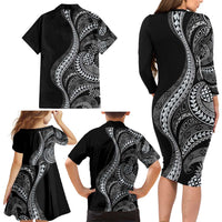 Hawaii Pineapple Gray Scale Tribal Pattern Family Matching Long Sleeve Bodycon Dress and Hawaiian Shirt - Polynesian Pride