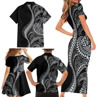 Hawaii Pineapple Gray Scale Tribal Pattern Family Matching Short Sleeve Bodycon Dress and Hawaiian Shirt - Polynesian Pride