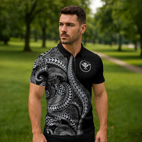 Hawaii Pineapple Gray Scale Tribal Pattern Zipper Polo Shirt - Polynesian Pride