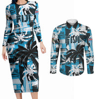 Custom Fijian Rugby Couples Matching Long Sleeve Bodycon Dress and Long Sleeve Button Shirt Grunge Palm Stylized