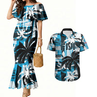 Custom Fijian Rugby Couples Matching Mermaid Dress and Hawaiian Shirt Grunge Palm Stylized