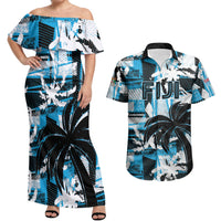 Custom Fijian Rugby Couples Matching Off Shoulder Maxi Dress and Hawaiian Shirt Grunge Palm Stylized