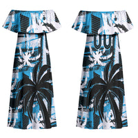 Custom Fijian Rugby Couples Matching Off Shoulder Maxi Dress and Hawaiian Shirt Grunge Palm Stylized