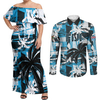 Custom Fijian Rugby Couples Matching Off Shoulder Maxi Dress and Long Sleeve Button Shirt Grunge Palm Stylized