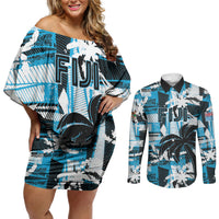 Custom Fijian Rugby Couples Matching Off Shoulder Short Dress and Long Sleeve Button Shirt Grunge Palm Stylized
