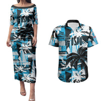 Custom Fijian Rugby Couples Matching Puletasi and Hawaiian Shirt Grunge Palm Stylized