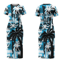 Custom Fijian Rugby Couples Matching Short Sleeve Bodycon Dress and Hawaiian Shirt Grunge Palm Stylized