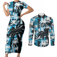 Custom Fijian Rugby Couples Matching Short Sleeve Bodycon Dress and Long Sleeve Button Shirt Grunge Palm Stylized