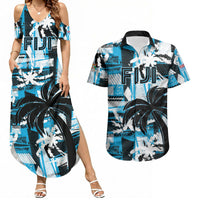 Custom Fijian Rugby Couples Matching Summer Maxi Dress and Hawaiian Shirt Grunge Palm Stylized