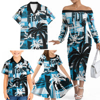 Custom Fijian Rugby Family Matching Off The Shoulder Long Sleeve Dress and Hawaiian Shirt Grunge Palm Stylized