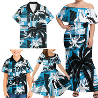 Custom Fijian Rugby Family Matching Off Shoulder Maxi Dress and Hawaiian Shirt Grunge Palm Stylized