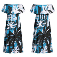 Custom Fijian Rugby Family Matching Off Shoulder Maxi Dress and Hawaiian Shirt Grunge Palm Stylized