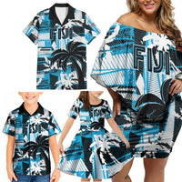 Custom Fijian Rugby Family Matching Off Shoulder Short Dress and Hawaiian Shirt Grunge Palm Stylized