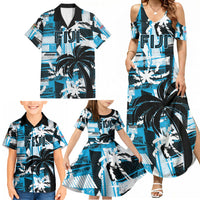 Custom Fijian Rugby Family Matching Summer Maxi Dress and Hawaiian Shirt Grunge Palm Stylized