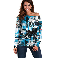 Custom Fijian Rugby Off Shoulder Sweater Grunge Palm Stylized