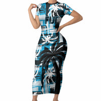 Custom Fijian Rugby Short Sleeve Bodycon Dress Grunge Palm Stylized