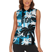 Custom Fijian Rugby Women Sleeveless Polo Shirt Grunge Palm Stylized