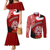 New Zealand ANZAC Waitangi Day Couples Matching Mermaid Dress and Long Sleeve Button Shirt Lest We Forget Soldier Tiki Maori Style LT03 Red - Polynesian Pride