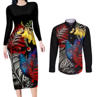 New Zealand Kohwhai Tui Bird Couples Matching Long Sleeve Bodycon Dress and Long Sleeve Button Shirt Silver Fern Version LT03 Black - Polynesian Pride