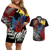 New Zealand Kohwhai Tui Bird Couples Matching Off Shoulder Short Dress and Hawaiian Shirt Silver Fern Version LT03 Black - Polynesian Pride