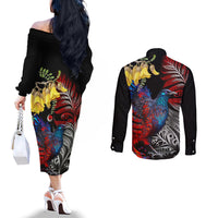 New Zealand Kohwhai Tui Bird Couples Matching Off The Shoulder Long Sleeve Dress and Long Sleeve Button Shirt Silver Fern Version LT03 - Polynesian Pride