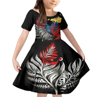 New Zealand Kohwhai Tui Bird Family Matching Mermaid Dress and Hawaiian Shirt Silver Fern Version LT03 Daughter's Dress Black - Polynesian Pride