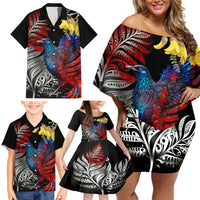 New Zealand Kohwhai Tui Bird Family Matching Off Shoulder Short Dress and Hawaiian Shirt Silver Fern Version LT03 - Polynesian Pride
