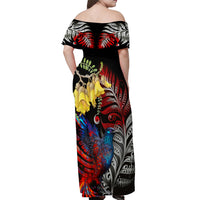 New Zealand Kohwhai Tui Bird Off Shoulder Maxi Dress Silver Fern Version LT03 - Polynesian Pride