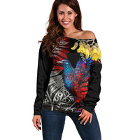 New Zealand Kohwhai Tui Bird Off Shoulder Sweater Silver Fern Version LT03 Women Black - Polynesian Pride