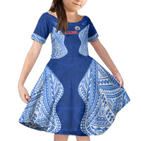 Custom Manu Samoa Rugby Kid Short Sleeve Dress Polynesian Tattoo LT03 KID Blue - Polynesian Pride