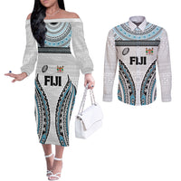 Custom Flying Fijians Rugby Couples Matching Off The Shoulder Long Sleeve Dress and Long Sleeve Button Shirt Tapa Tribal Cloth LT03 White - Polynesian Pride