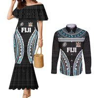 Custom Flying Fijians Rugby Couples Matching Mermaid Dress and Long Sleeve Button Shirt Tapa Tribal Cloth Black Color LT03 Black - Polynesian Pride