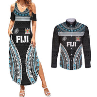 Custom Flying Fijians Rugby Couples Matching Summer Maxi Dress and Long Sleeve Button Shirt Tapa Tribal Cloth Black Color LT03 Black - Polynesian Pride