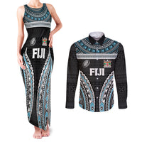 Custom Flying Fijians Rugby Couples Matching Tank Maxi Dress and Long Sleeve Button Shirt Tapa Tribal Cloth Black Color LT03 Black - Polynesian Pride
