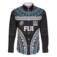 Custom Flying Fijians Rugby Family Matching Long Sleeve Bodycon Dress and Hawaiian Shirt Tapa Tribal Cloth Black Color LT03 Dad's Shirt - Long Sleeve Black - Polynesian Pride