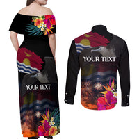 Kiribati Independence Day Couples Matching Off Shoulder Maxi Dress and Long Sleeve Button Shirt Frigatebird and Plumeria Hibiscus Flower