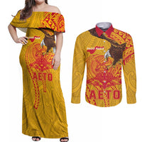 Personalized American Samoa Fautasi Race Couples Matching Off Shoulder Maxi Dress and Long Sleeve Button Shirt Aeto Pago Pago with Eagle Samoan Tribal Patterns LT03 Multicolor - Polynesian Pride