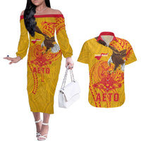 Personalized American Samoa Fautasi Race Couples Matching Off The Shoulder Long Sleeve Dress and Hawaiian Shirt Aeto Pago Pago with Eagle Samoan Tribal Patterns LT03 Multicolor - Polynesian Pride