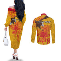 Personalized American Samoa Fautasi Race Couples Matching Off The Shoulder Long Sleeve Dress and Long Sleeve Button Shirt Aeto Pago Pago with Eagle Samoan Tribal Patterns LT03 - Polynesian Pride