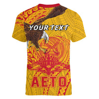 Personalized American Samoa Fautasi Race Women V-Neck T-Shirt Aeto Pago Pago with Eagle Samoan Tribal Patterns